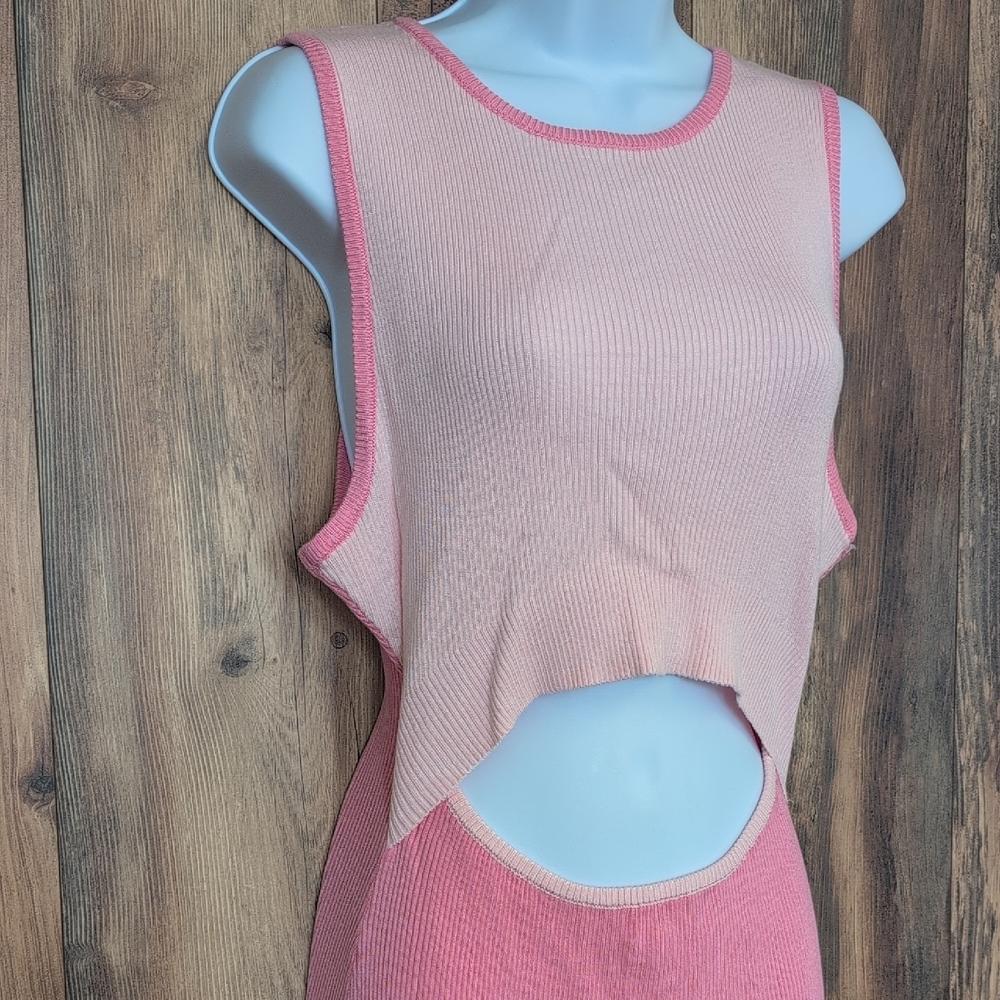 Chic Open Belly Pink Split Maxi Knit Sweater Dress XL                 V254